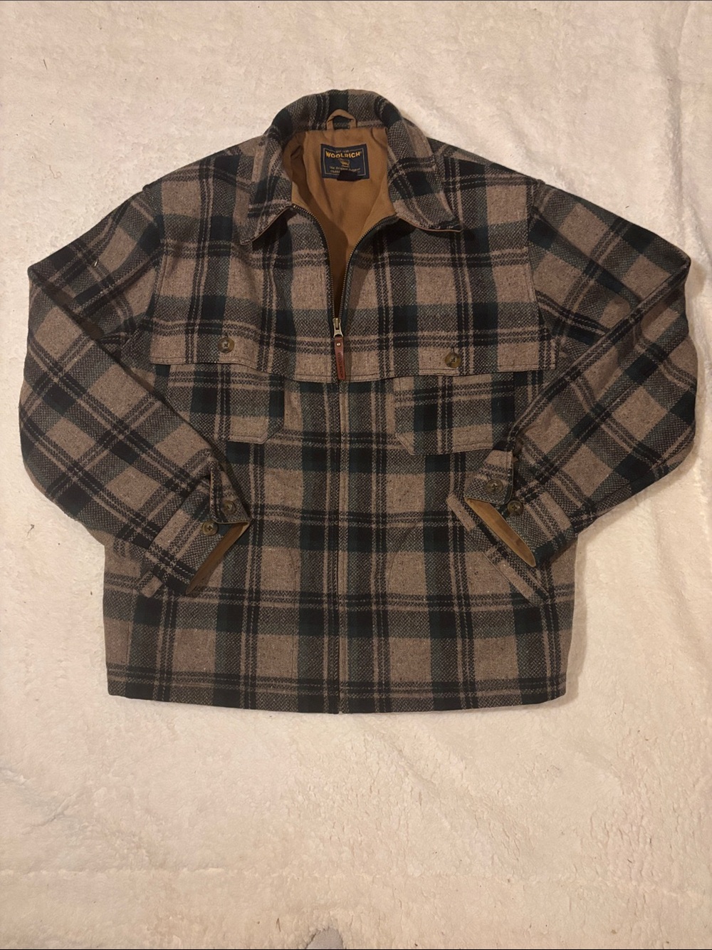 Woolrich Men’s Oatmeal Plaid Wool Hunting Mackinaw Cruiser Zip Large Jacket